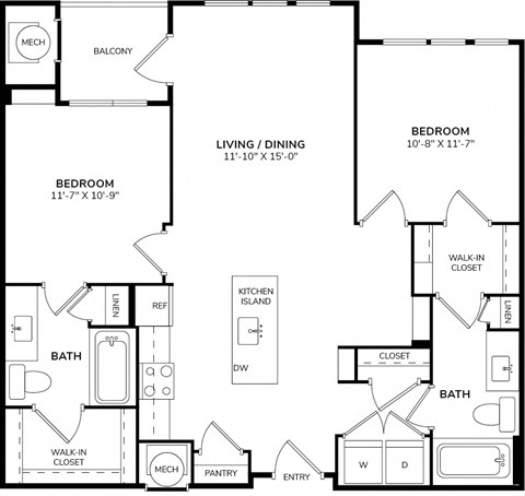 A floor plan of a two bedroom apartment with a living/dining area, kitchen, bathroom, pantry, and a walk-in closet.